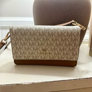 Michael Kors Beige Signature MK Logo Crossbody with Tan Trim